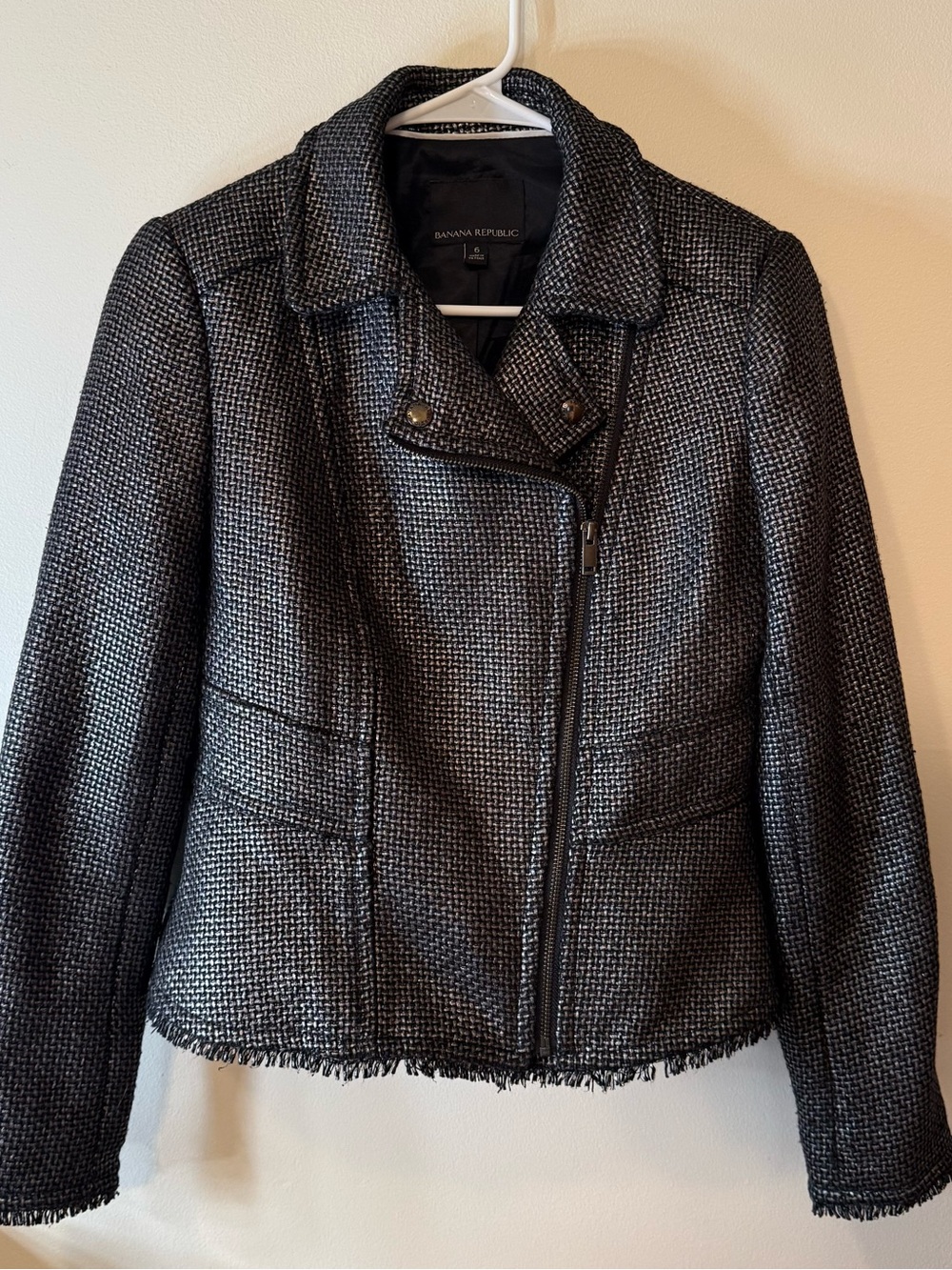 Banana Republic Black and Gray Tweed Zip Front Moto Blazer